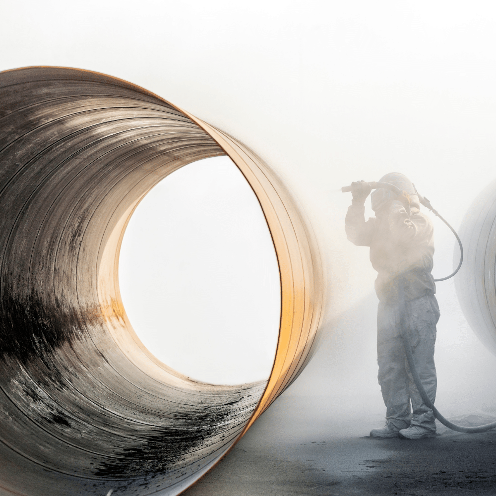 Seorang blaster dengan alat pelindung diri (APD) lengkap sedang membersihkan permukaan pipa logam menggunakan teknik sandblasting di lingkungan industri.