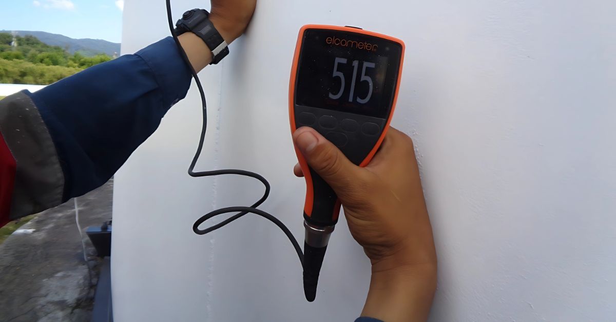 Coating inspector sedang mengukur ketebalan coating menggunakan elcometer