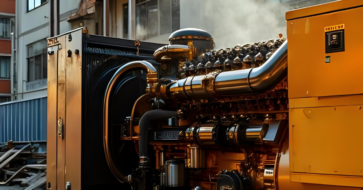 Genset diesel berkapasitas besar sedang beroperasi di area proyek konstruksi di Depok, dengan bodi warna kuning dan knalpot mengeluarkan uap panas.