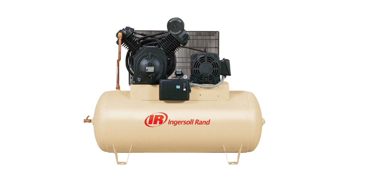 Kompresor udara Ingersoll Rand stasioner dengan tangki horizontal dan dua silinder.