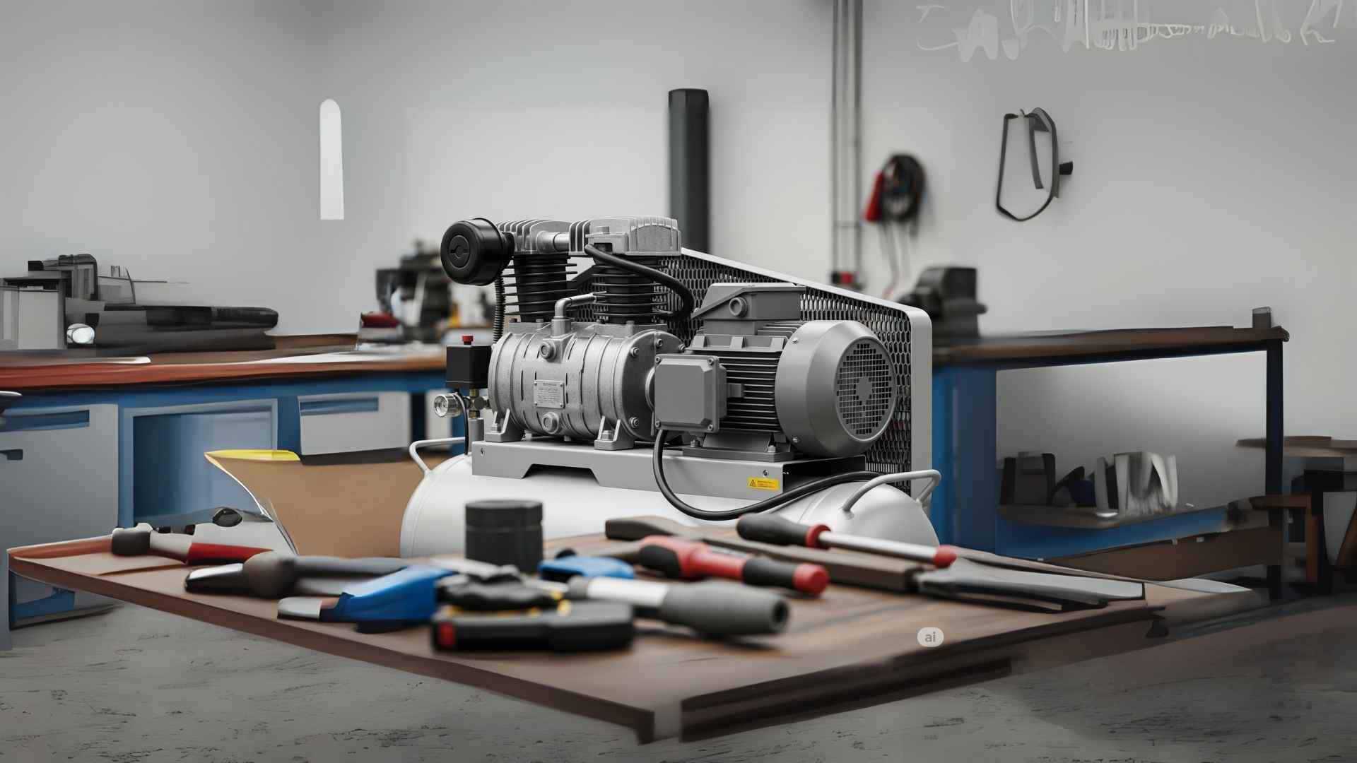 Kompresor listrik pt eltama prima indo di meja bengkel dengan peralatan kerja.