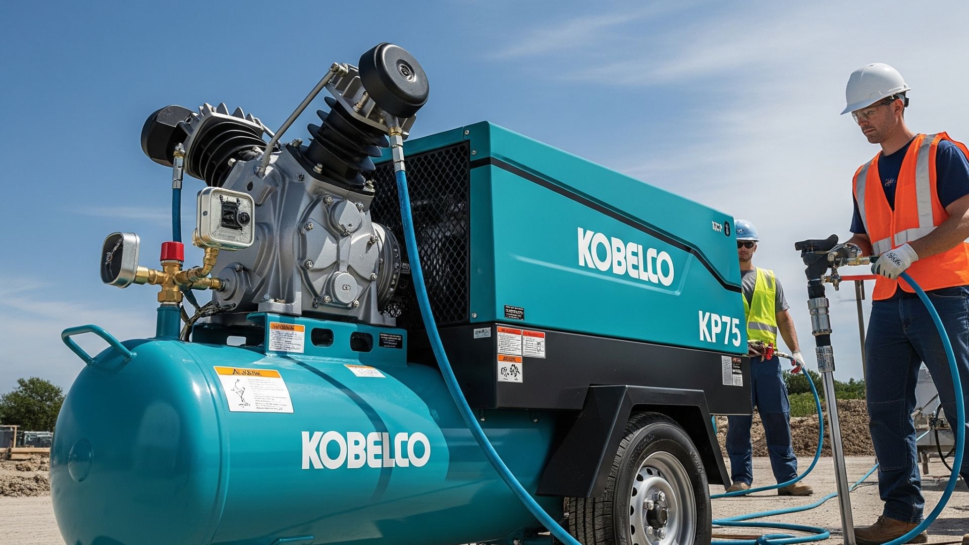 Teknisi menggunakan kompresor angin Kobelco KP75 di lokasi proyek konstruksi sebagai bagian dari layanan sewa kompresor industri berkualitas.