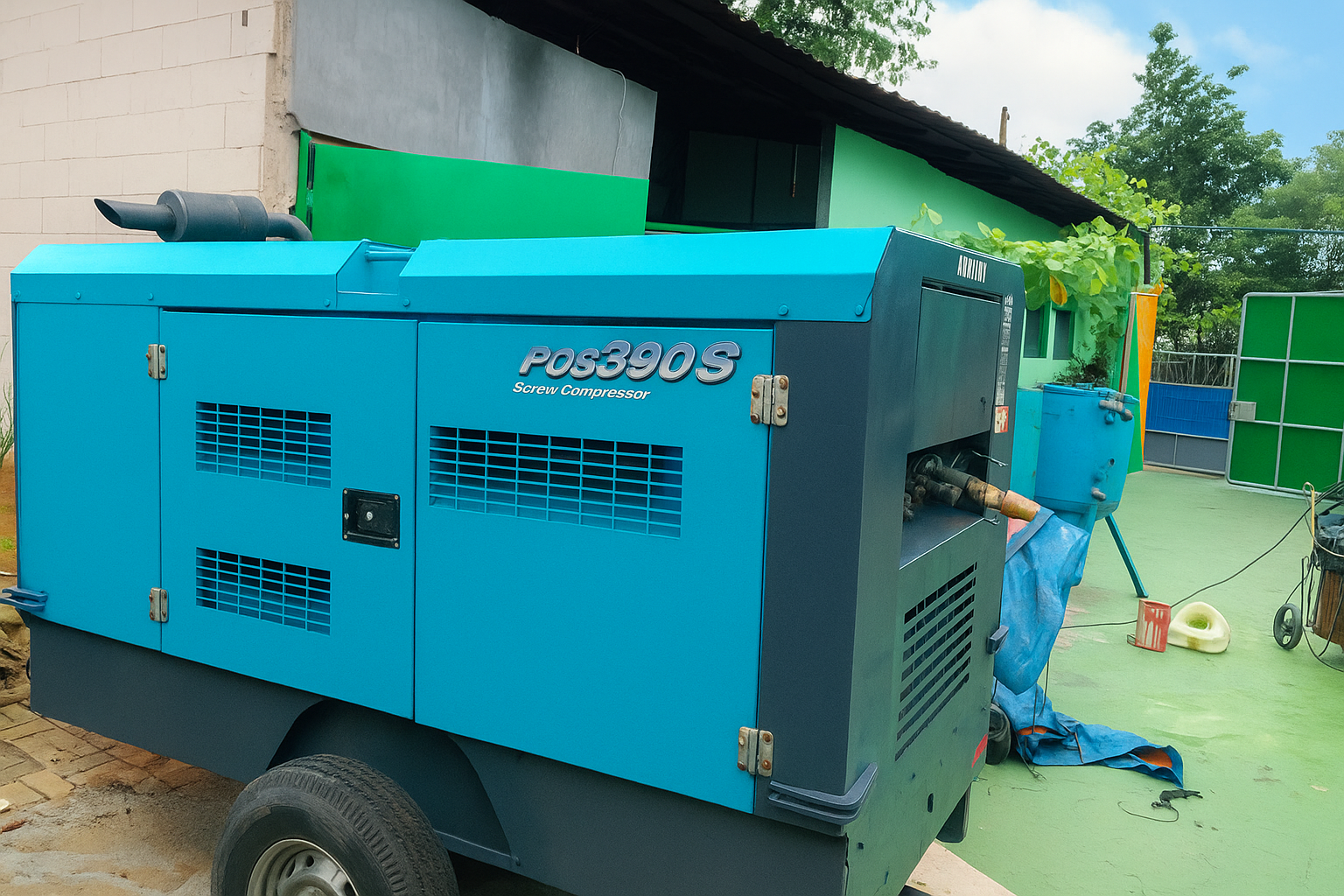 Unit kompresor Denyo PDS 390 S siap kerja dengan tampilan bersih dan terawat, ideal untuk proyek sandblasting dan pengecatan skala industri.