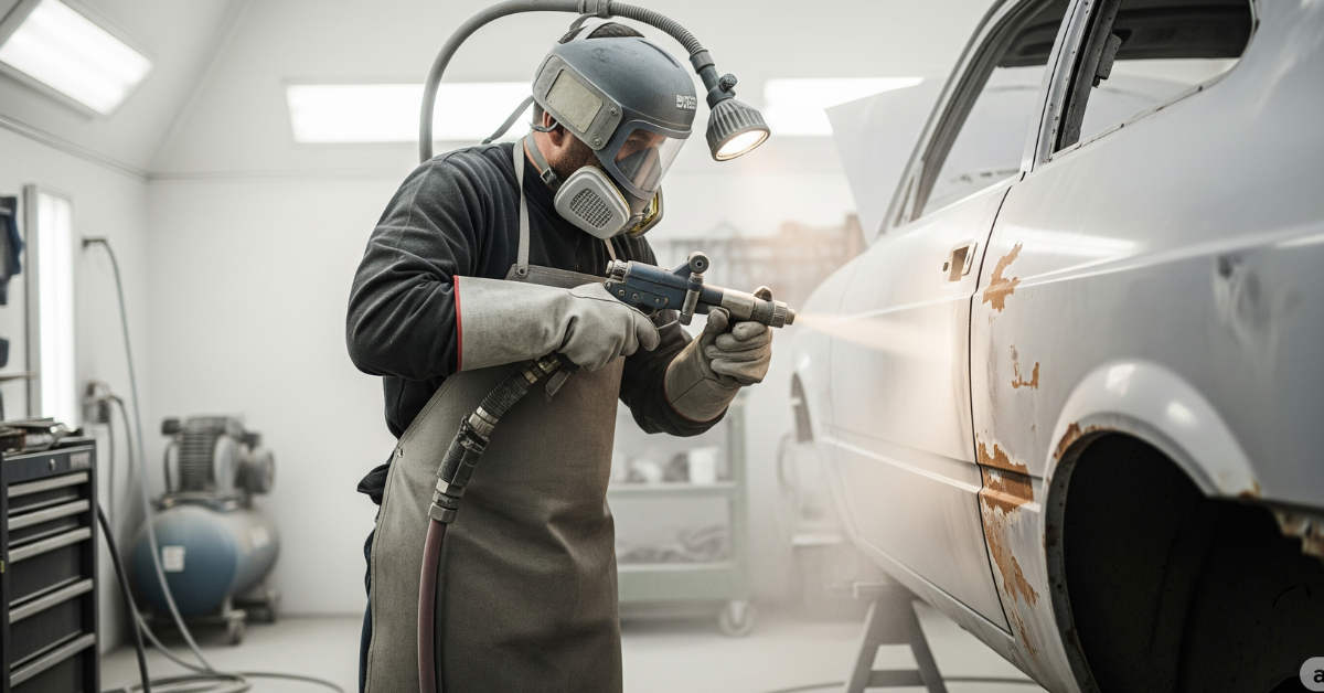 Seorang teknisi profesional sedang melakukan jasa sandblasting mobil