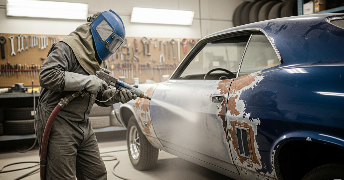 Seorang teknisi profesional sedang melakukan jasa sandblasting mobil