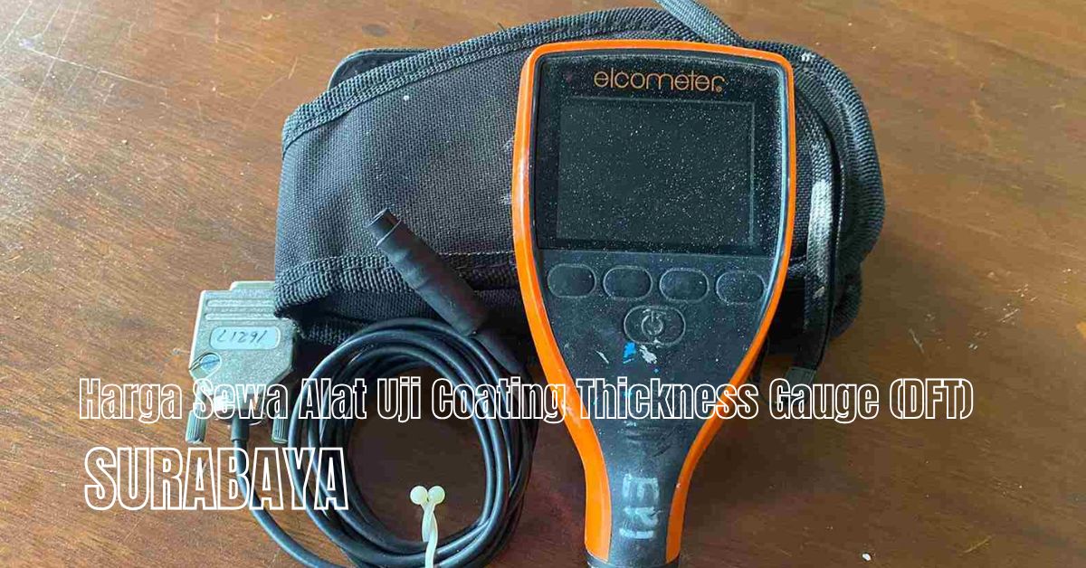 Alat Uji Coating Thickness Gauge Elcometer untuk Sewa di Surabaya, lengkap dengan kabel dan tas pelindung, digunakan untuk mengukur ketebalan cat atau pelapis permukaan.