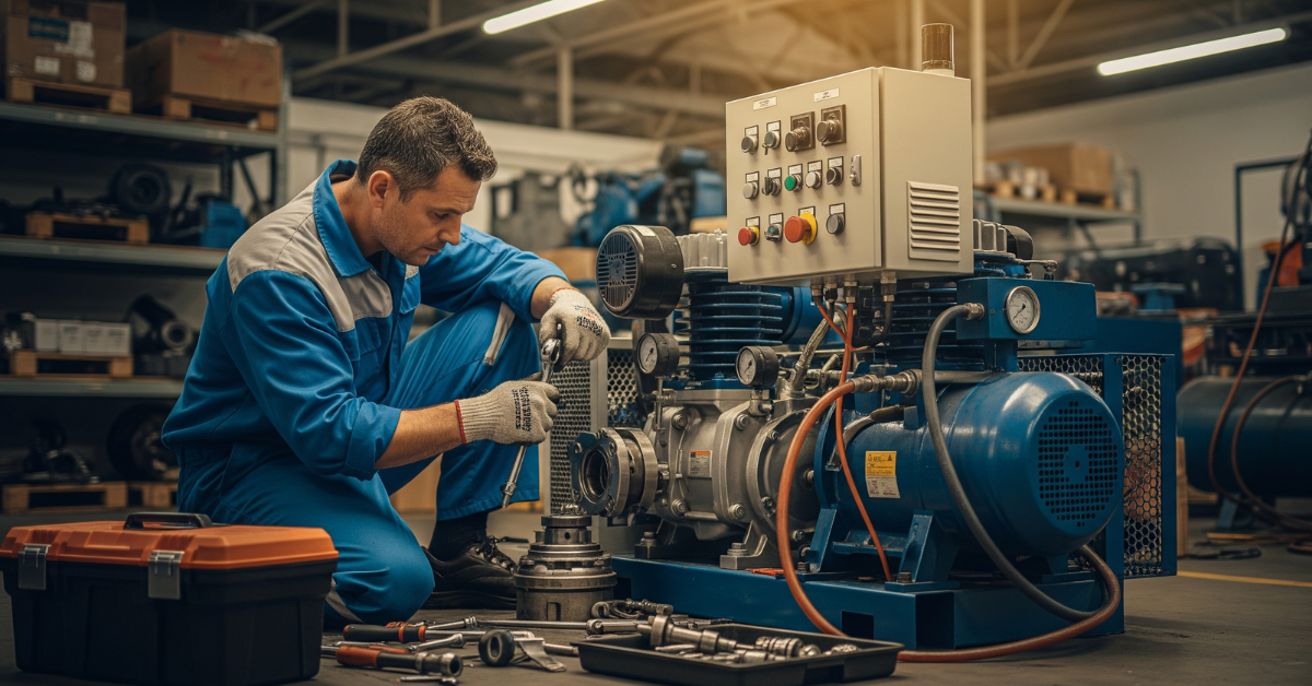 Teknisi ahli sedang melakukan servis dan perbaikan kompresor udara di sebuah bengkel atau pabrik di area Depok, memastikan mesin berfungsi optimal.