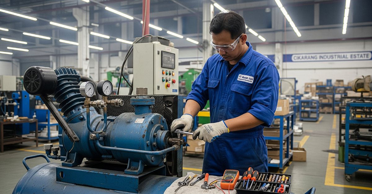 Teknisi ahli sedang melakukan servis dan perbaikan kompresor udara di sebuah pabrik di kawasan industri Cikarang, memastikan mesin berfungsi optimal.