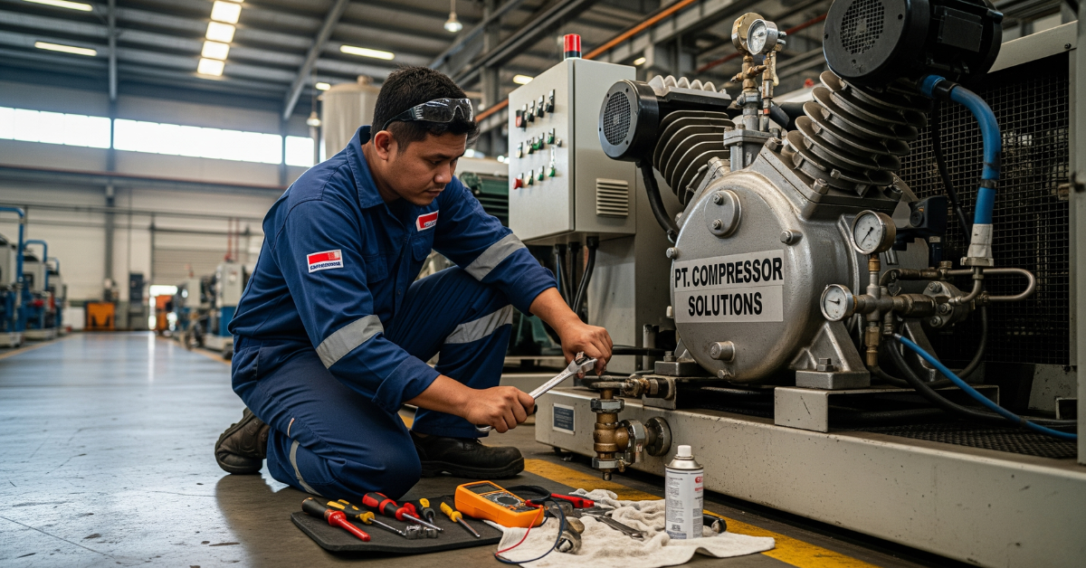 Teknisi ahli sedang melakukan servis dan perbaikan kompresor udara di sebuah pabrik di kawasan industri Jogja, memastikan mesin berfungsi optimal.