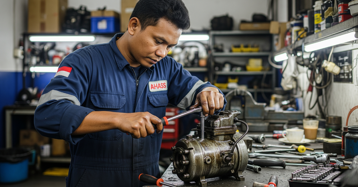 Seorang mekanik profesional di Semarang sedang membongkar unit kompresor untuk melakukan pengecekan dan penggantian suku cadang yang aus.
