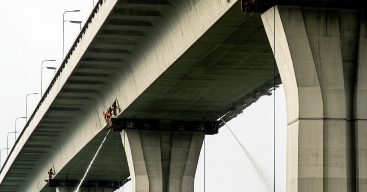 Tim spesialis sedang melakukan hydroblasting pada Jembatan Cisomang untuk persiapan perkuatan struktur beton