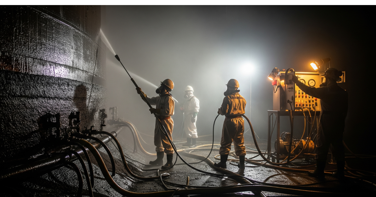 Tim spesialis hydroblasting sedang melakukan pembersihan internal pada sebuah tangki penyimpanan minyak mentah (crude oil tank) di terminal BBM Plumpang.