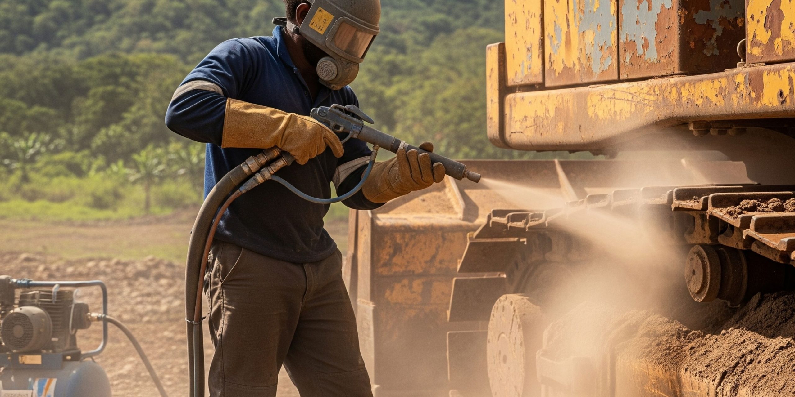 Proses sandblasting alat berat di Wamena untuk menghilangkan karat dan cat lama