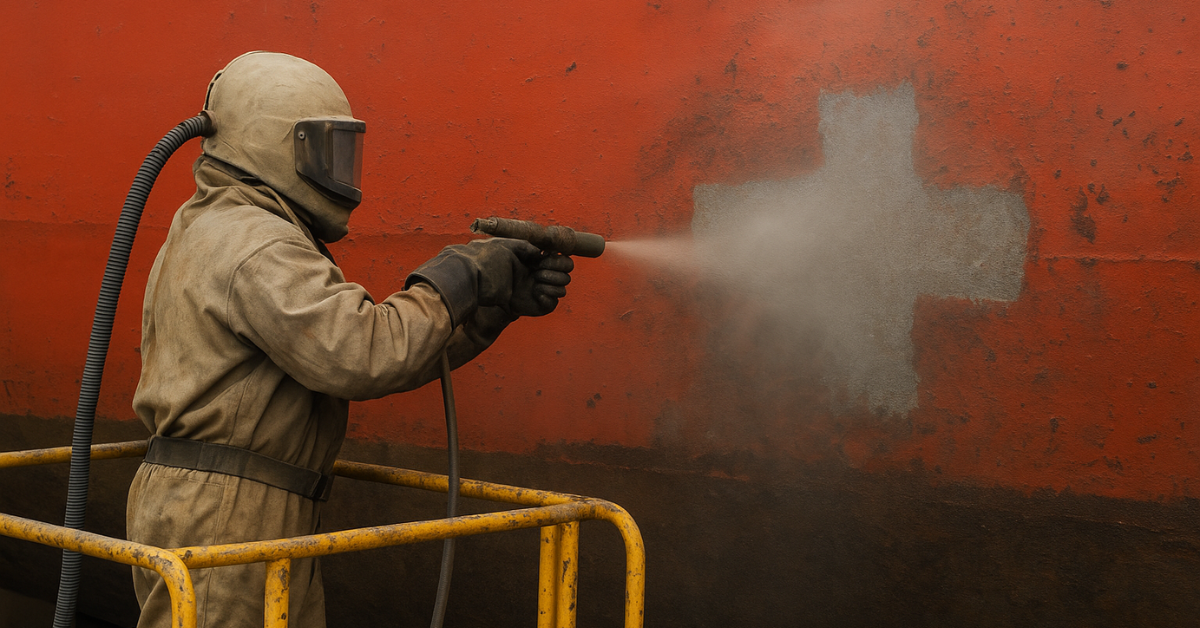 Proses sandblasting kapal di Ambon agar lambung kapal bersih dari karat dan cat lama.