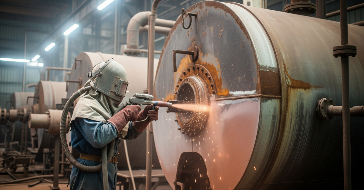 Kontraktor sandblasting sedang melakukan pembersihan kerak atau karat di bagian internal atau eksternal boiler di sebuah pabrik di kawasan industri Gunung Putri, Jawa Barat.