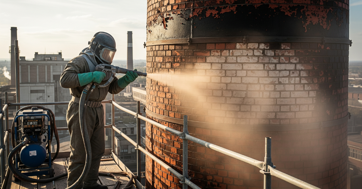 Kontraktor sandblasting sedang melakukan pembersihan kerak atau cat lama dari cerobong asap sebuah pabrik di kawasan industri Gunung Putri, Jawa Barat.