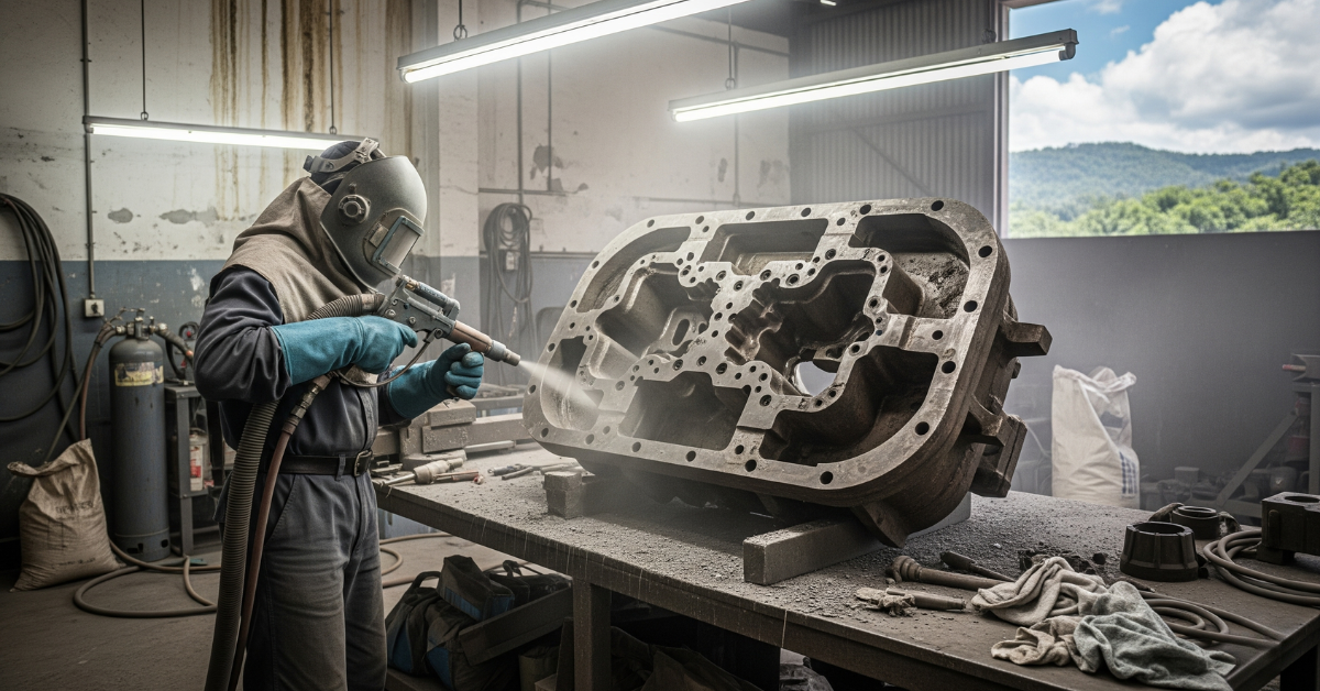 Kontraktor sandblasting sedang melakukan pembersihan residu atau kerak dari sebuah cetakan logam di workshop atau pabrik di wilayah Gunung Putri, Jawa Barat.