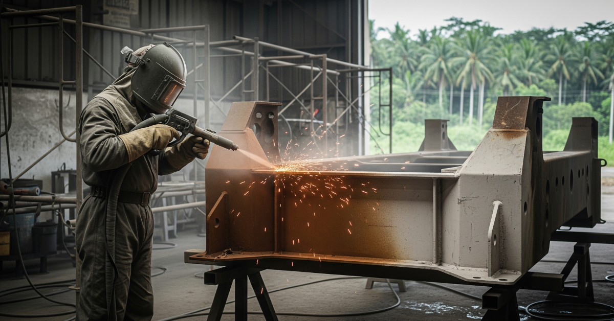 Kontraktor sandblasting sedang melakukan pembersihan karat atau cat lama dari sebuah frame support equipment di sebuah workshop atau pabrik di wilayah Gunung Putri, Jawa Barat