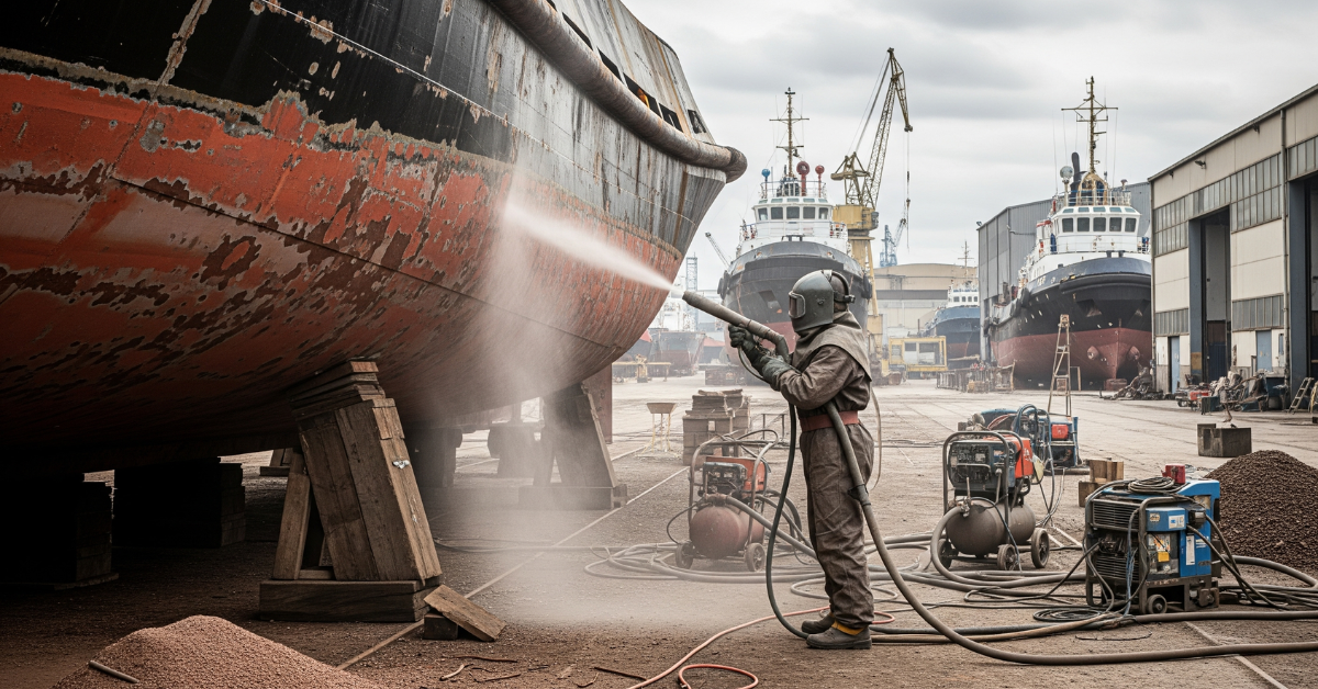 Kontraktor sandblasting sedang melakukan pembersihan karat atau cat lama dari lambung atau dek sebuah kapal tunda (tugboat) di galangan kapal.