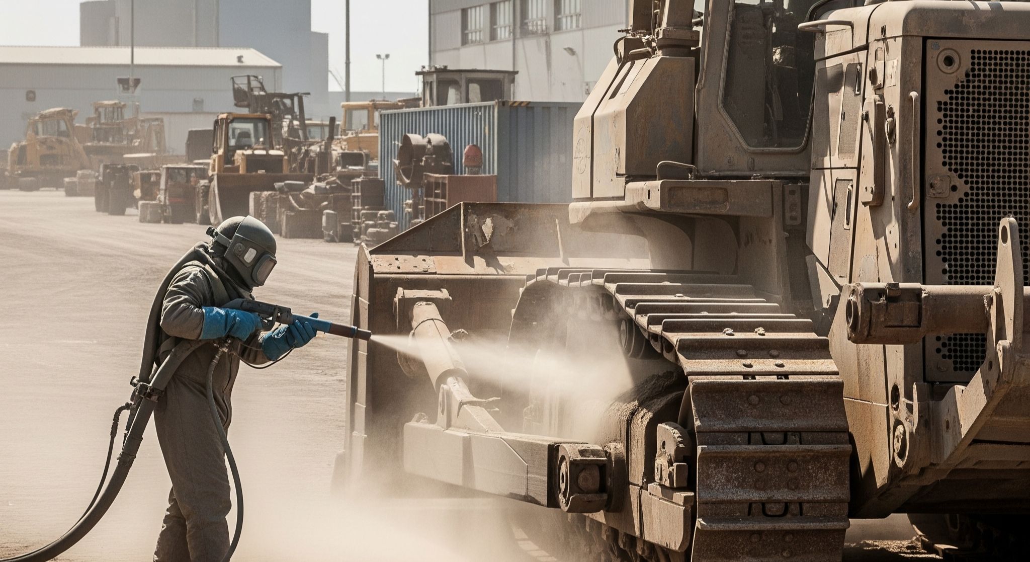 Proses sandblasting alat berat di Kawasan Industri MM2100 oleh PT Eltama Prima Indo