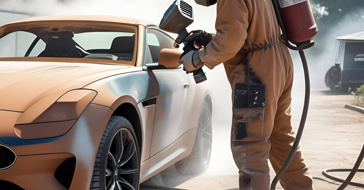 mobil sedang dibersihkan dengan teknik sandblasting di Kendal, tampak lapisan karat dan cat lama terkelupas hingga bersih.