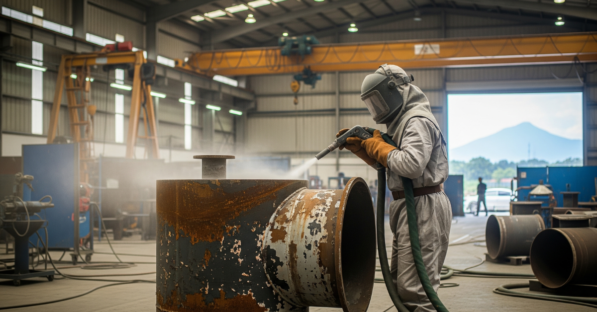 Kontraktor sandblasting sedang melakukan pembersihan karat atau cat lama dari bagian tangki atau pipa yang akan digunakan di kilang minyak (kemungkinan fabrikasi di sekitar Gunung Putri).