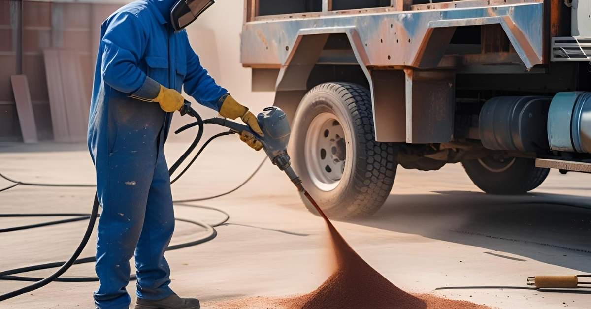 Jasa sandblasting profesional di Medan untuk membersihkan karat dan cat lama dari berbagai permukaan seperti logam, baja konstruksi, dan sasis kendaraan.