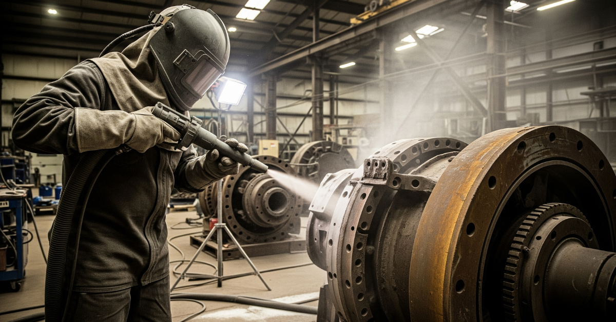 Kontraktor sandblasting sedang melakukan pembersihan karat atau residu produksi dari bagian mesin industri di sebuah pabrik