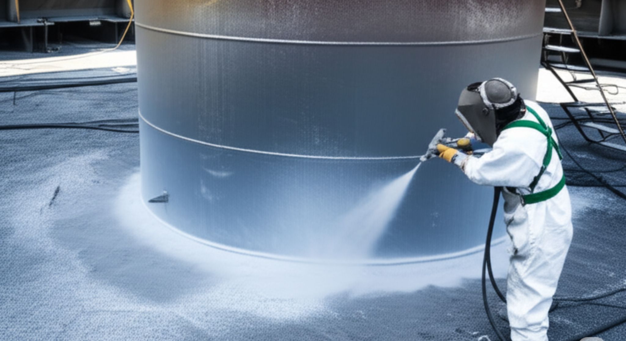 Proses jasa sandblasting Kawasan Ngoro Mojokerto membersihkan karat pada tangki industri