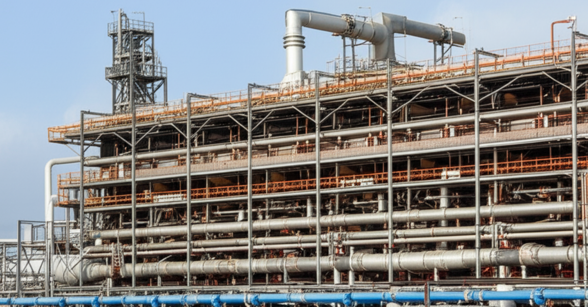 Kontraktor sandblasting sedang melakukan pembersihan karat atau cat lama dari struktur rak pipa (pipe rack) di sebuah pabrik atau kawasan industri di wilayah Gunung Putri, Jawa Barat