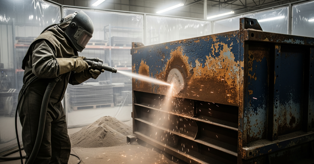 Kontraktor sandblasting sedang melakukan pembersihan karat atau cat lama dari rak besi di sebuah gudang atau workshop