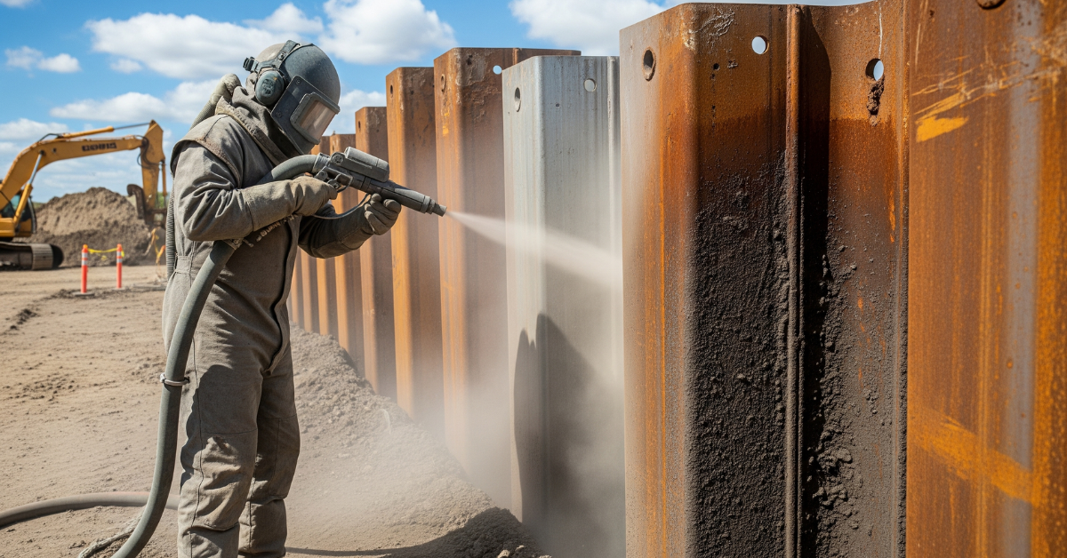 Kontraktor sandblasting sedang melakukan pembersihan karat dan kotoran dari permukaan sheet pile (turap baja) di sebuah lokasi proyek konstruksi.