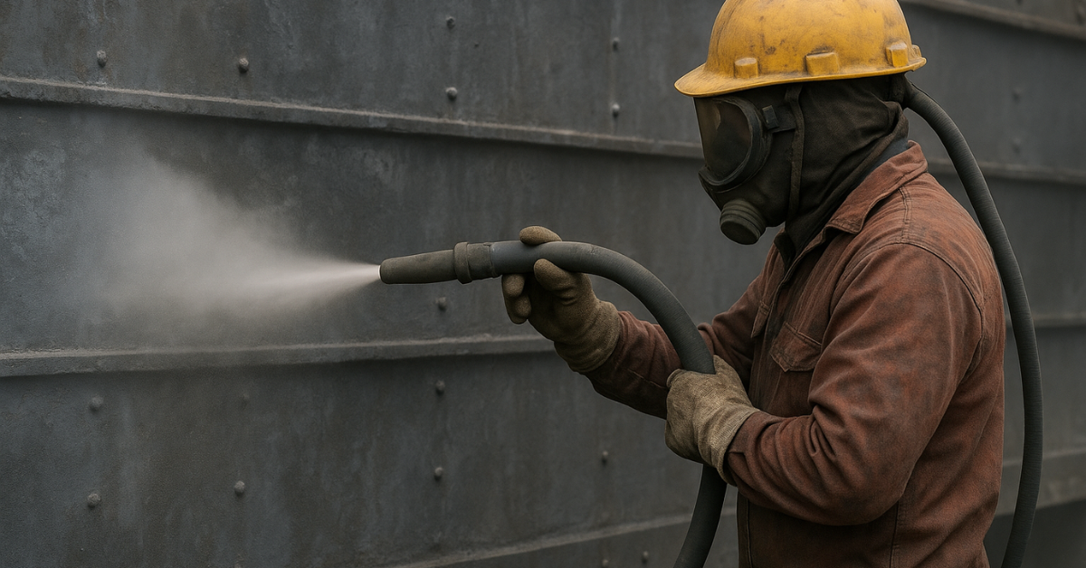 pekerja sandblasting Sorong membersihkan permukaan baja pabrik
