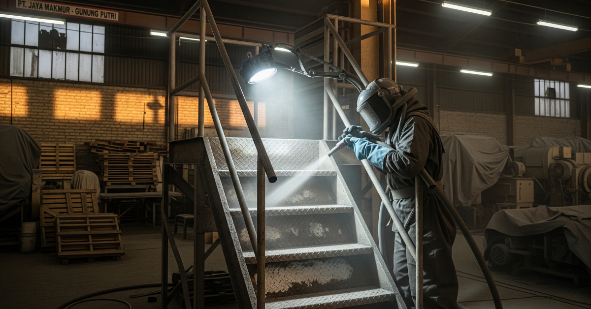 Kontraktor sandblasting sedang melakukan pembersihan karat atau cat lama dari sebuah tangga akses besi di sebuah pabrik atau gudang di wilayah Gunung Putri, Jawa Barat.