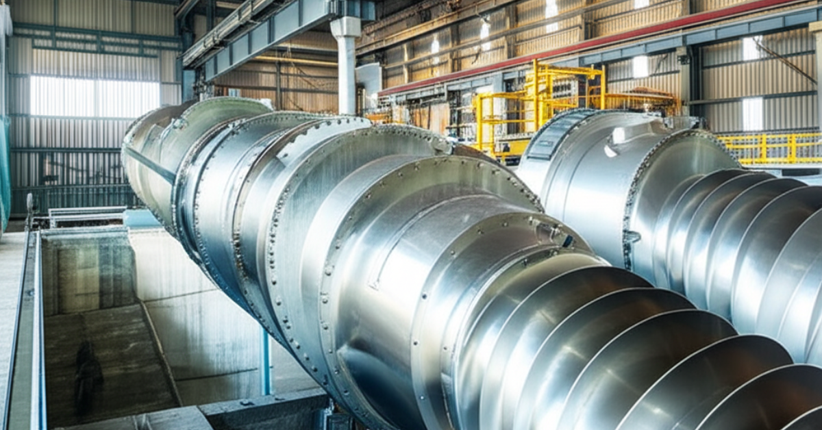 Kontraktor sandblasting sedang melakukan pembersihan karat atau cat lama dari bagian rumah turbin PLTA di sebuah workshop atau fasilitas fabrikasi di wilayah Gunung Putri, Jawa Barat, sebelum instalasi di pembangkit listrik tenaga air.