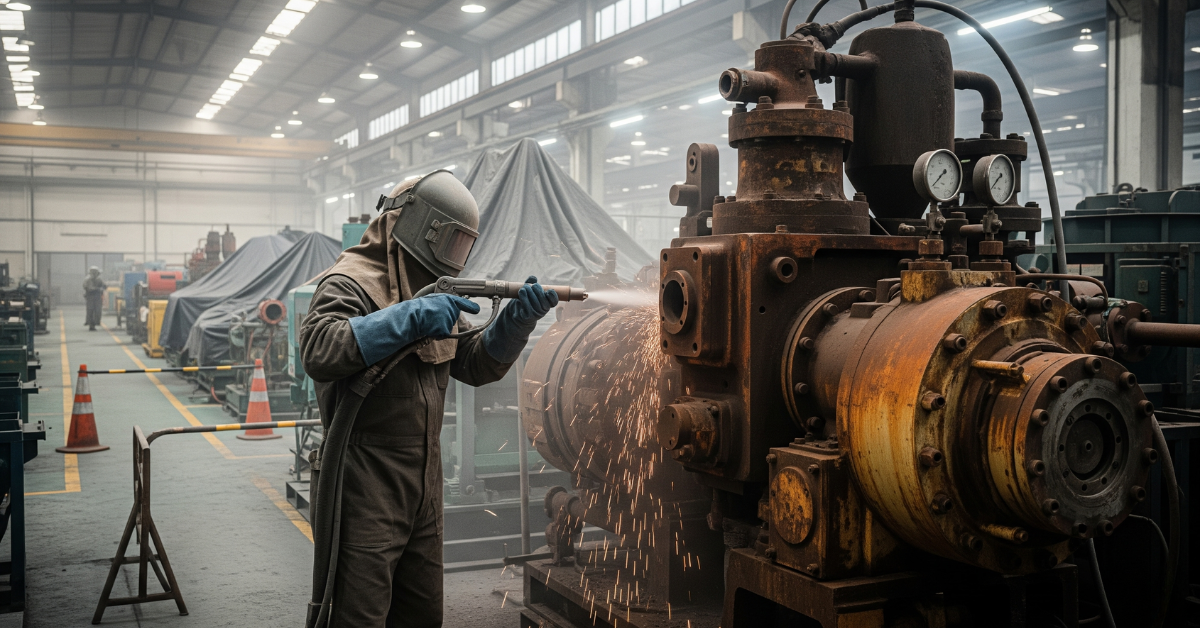 Kontraktor sandblasting sedang melakukan pembersihan karat atau residu dari sebuah unit mesin produksi di pabrik di kawasan industri Gunung Putri, Jawa Barat.
