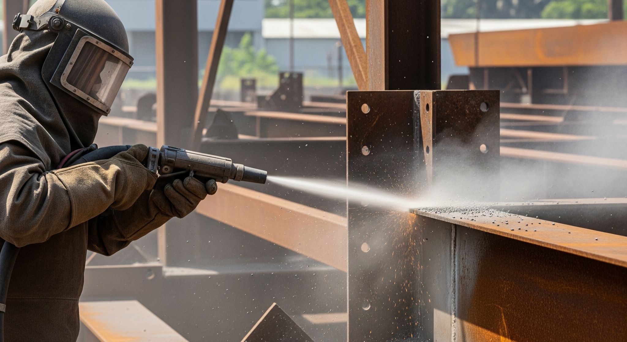 Proses pembersihan karat pada struktur baja menggunakan metode dry blasting di Cikarang