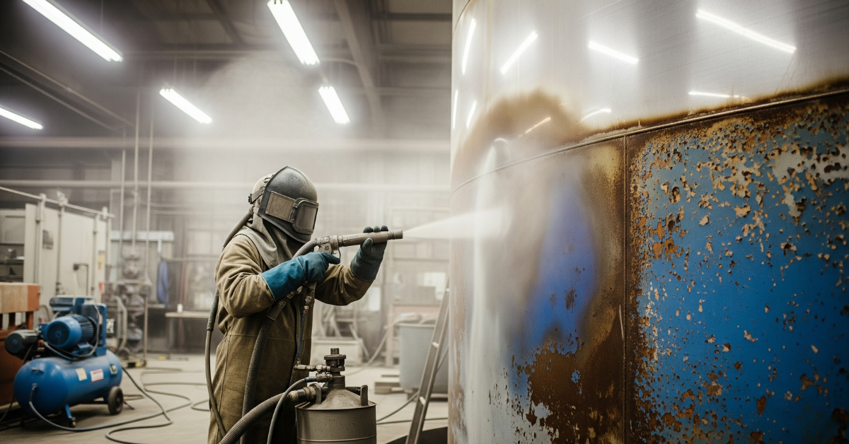 Kontraktor sandblasting sedang melakukan pembersihan karat atau cat lama dari permukaan tangki di sebuah pabrik manufaktur