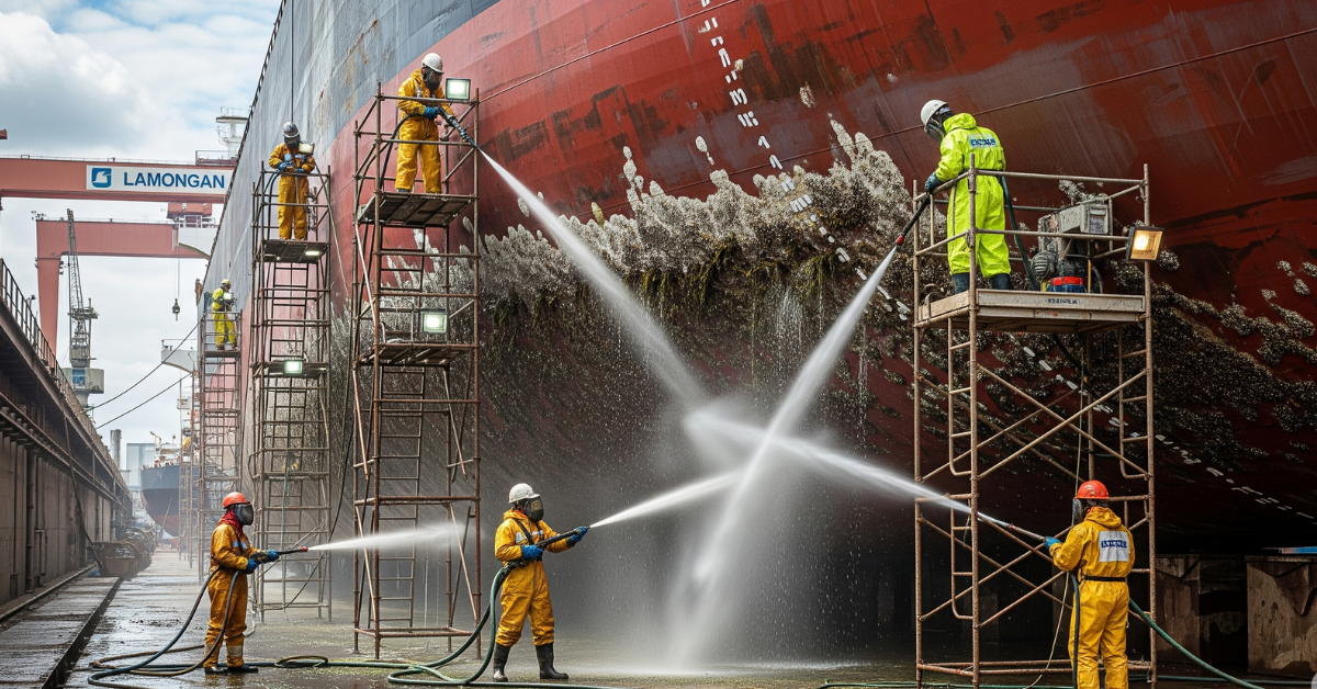 Tim ahli dari jasa water blasting sedang membersihkan teritip dan biota laut dari lambung sebuah kapal tanker yang sedang dry docking di galangan kapal Lamongan.