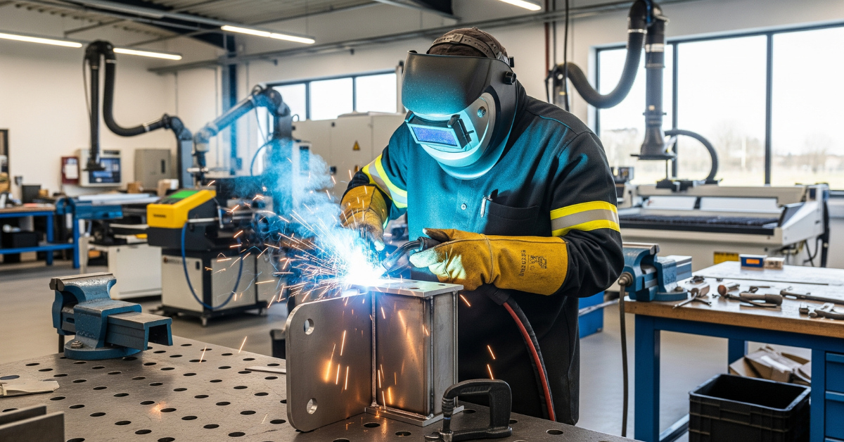 welder yang mengenakan perlengkapan keselamatan lengkap, bekerja di bengkel fabrikasi yang bersih, modern, dan terorganisir.