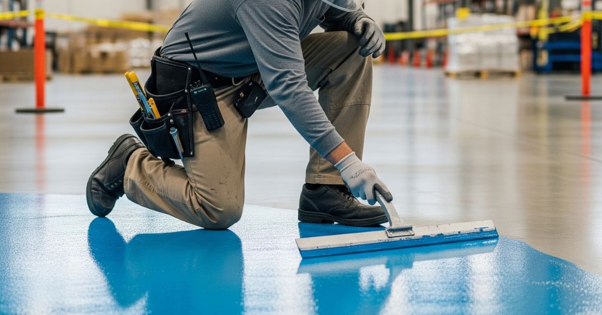 Seorang aplikator epoksi lantai yang mengenakan helm pengaman, kemeja lengan panjang, dan celana panjang sedang meratakan lapisan epoksi biru di lantai beton menggunakan alat squeegee.
