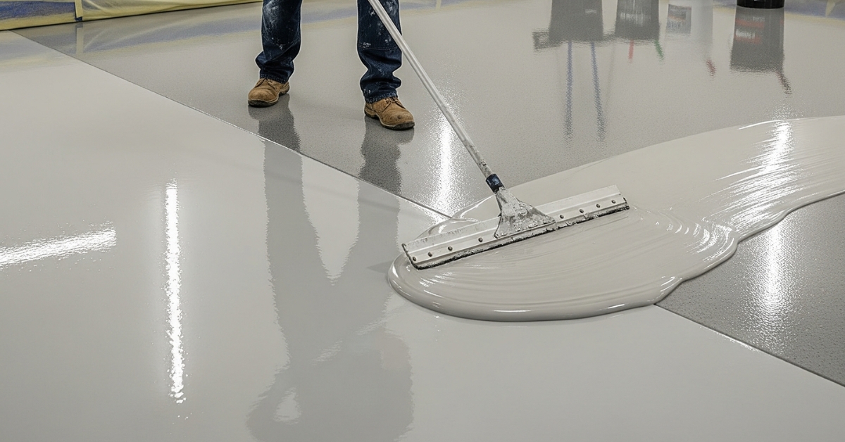 Seorang pekerja dengan kacamata pelindung dan sarung tangan sedang meratakan cat epoxy menggunakan alat aplikator beroda panjang di sebuah ruangan dengan pencahayaan terang