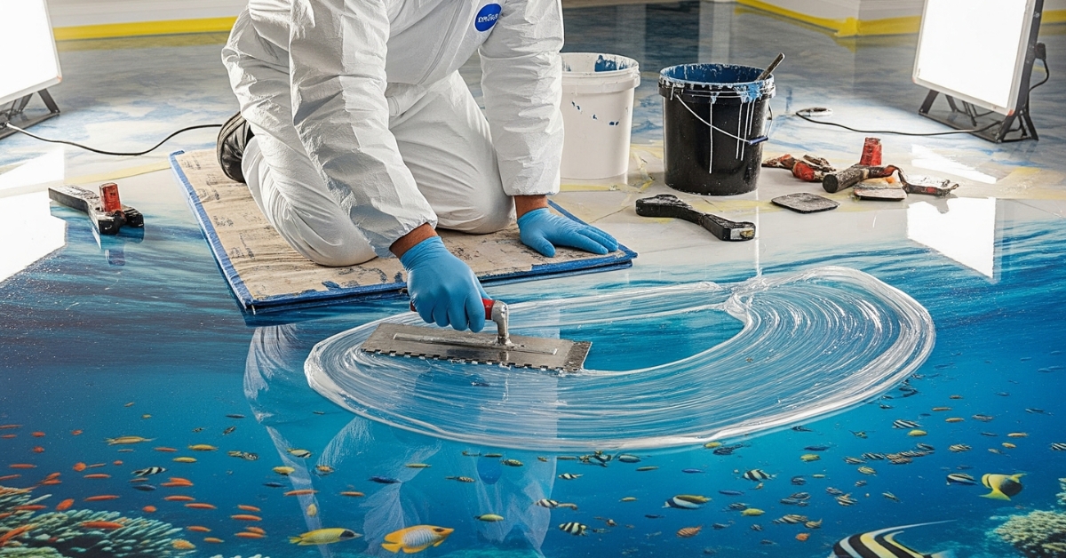 Proses pengerjaan jasa epoxy lantai 3D oleh tim ahli PT. Eltama Prima Indo. Terlihat seorang pekerja sedang meratakan lapisan pelindung bening menggunakan produk cat Foxapaint untuk menciptakan efek visual yang menakjubkan dan tahan lama