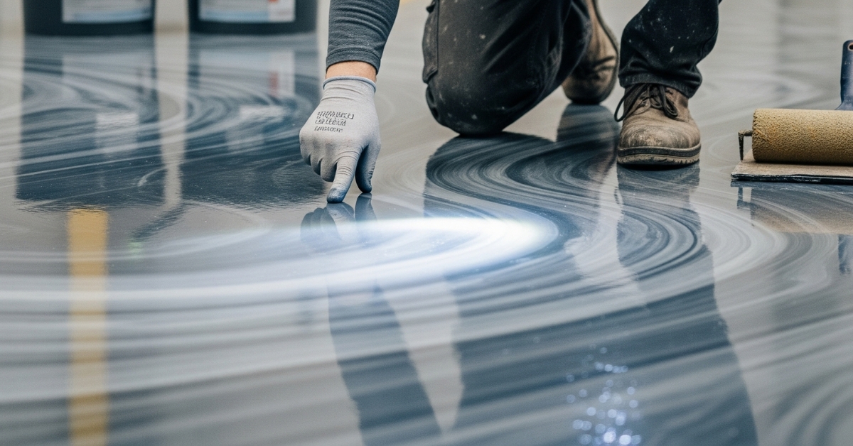 Seorang aplikator profesional dari PT. Eltama Prima Indo sedang melakukan inspeksi detail pada hasil jasa epoxy lantai menggunakan produk cat Foxapaint. Pekerja yang mengenakan APD ini menggunakan senter untuk memastikan kualitas lapisan epoxy abu-abu berpola yang mengkilap.