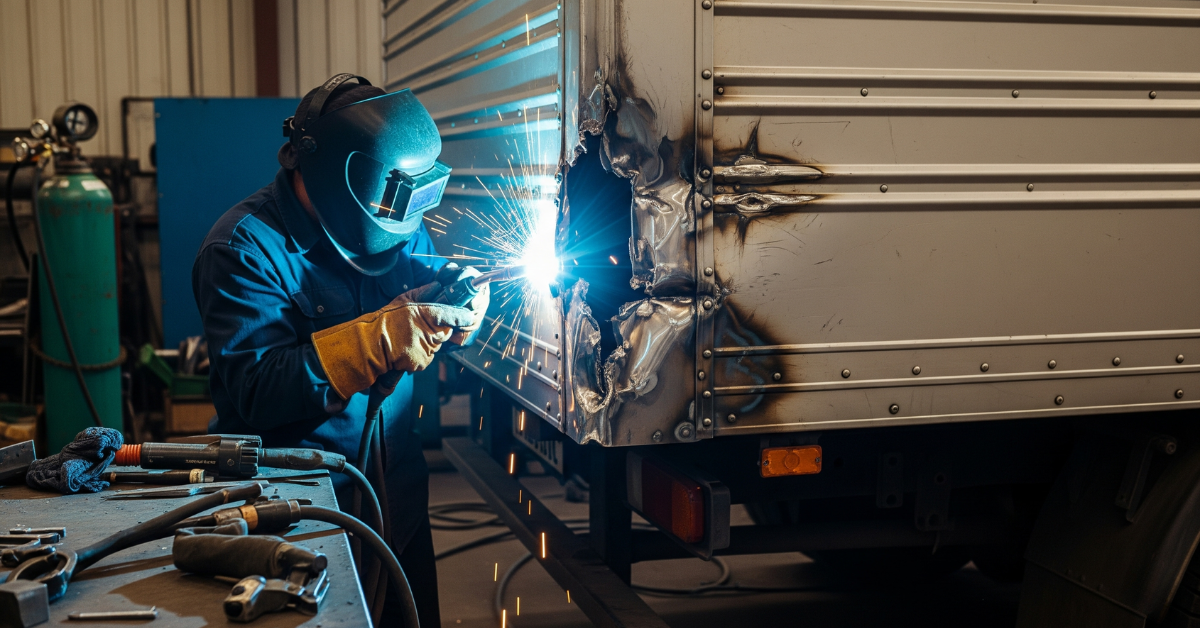 Tukang las sedang melakukan perbaikan pada dinding box mobil barang yang penyok atau sobek di sebuah bengkel las