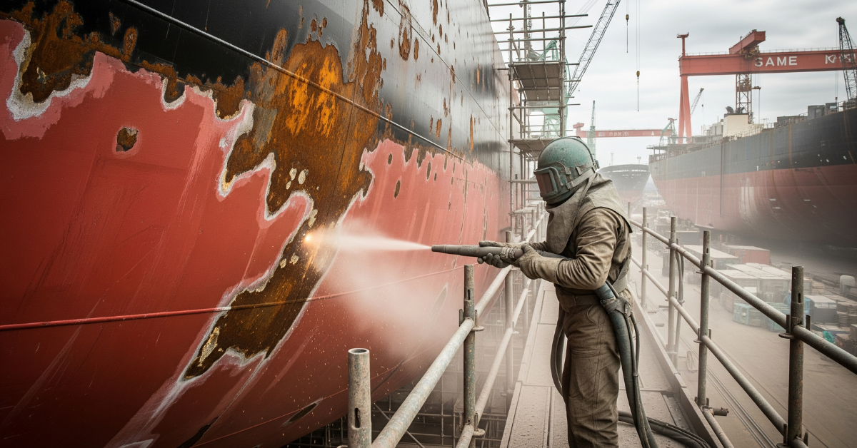 Kontraktor sandblasting sedang melakukan pembersihan karat pada lambung sebuah kapal besar yang sedang dalam perbaikan di galangan kapal.