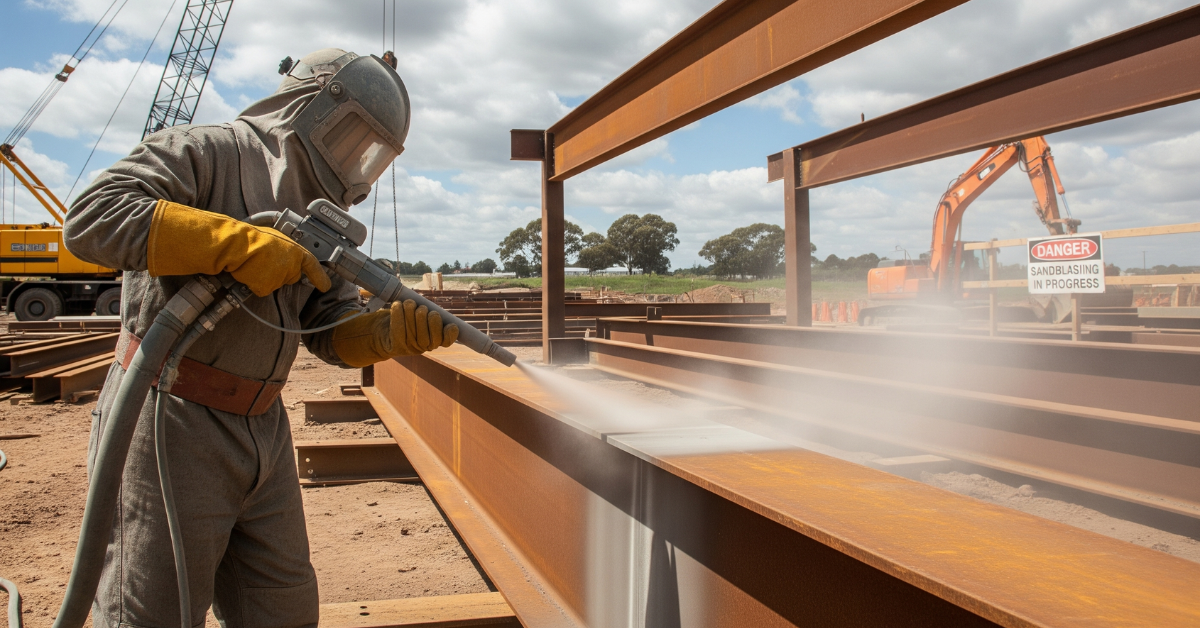 Kontraktor sandblasting sedang melakukan pembersihan struktur baja untuk proyek konstruksi