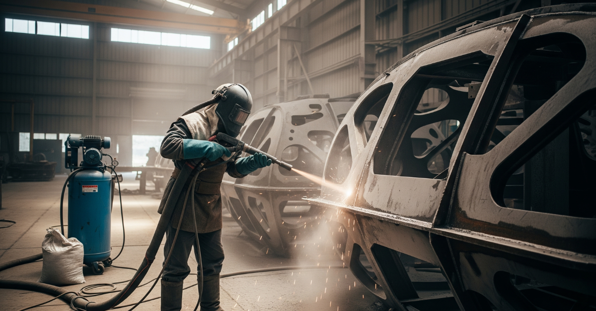 Kontraktor sandblasting sedang melakukan pembersihan struktur baja di sebuah pabrik di kawasan industri Gunung Putri, Jawa Barat.