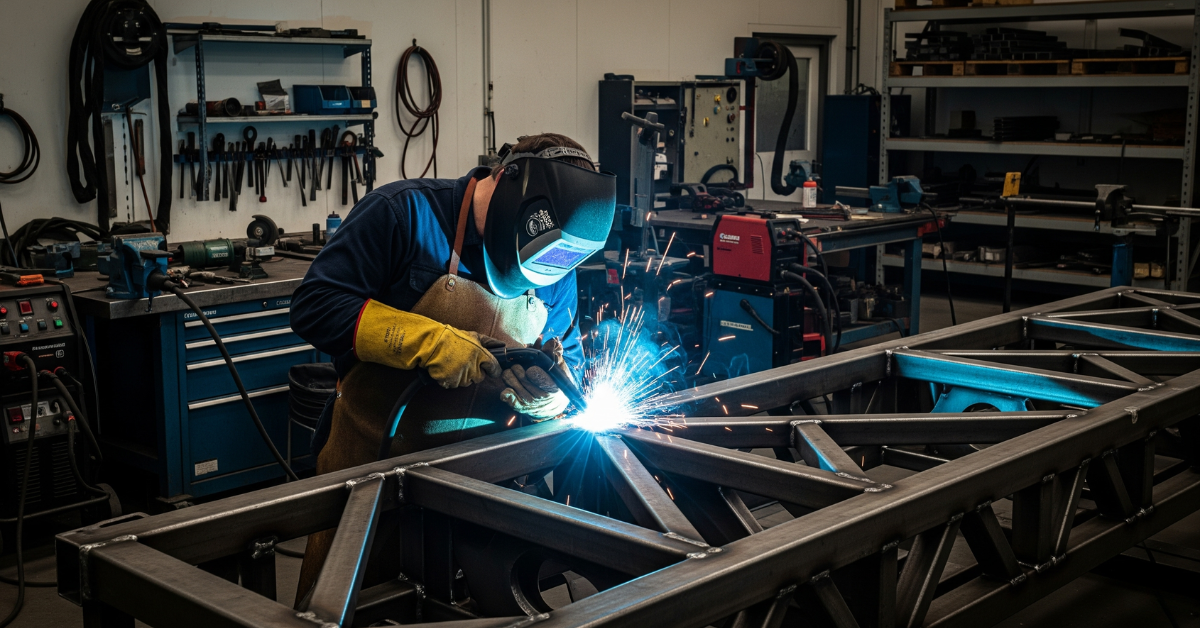Welder terlihat sedang mengerjakan sebuah rangka baja yang besar di dalam bengkel yang tetap bersih dan profesional, menyoroti fokus dan keahlian di tengah proyek yang signifikan.