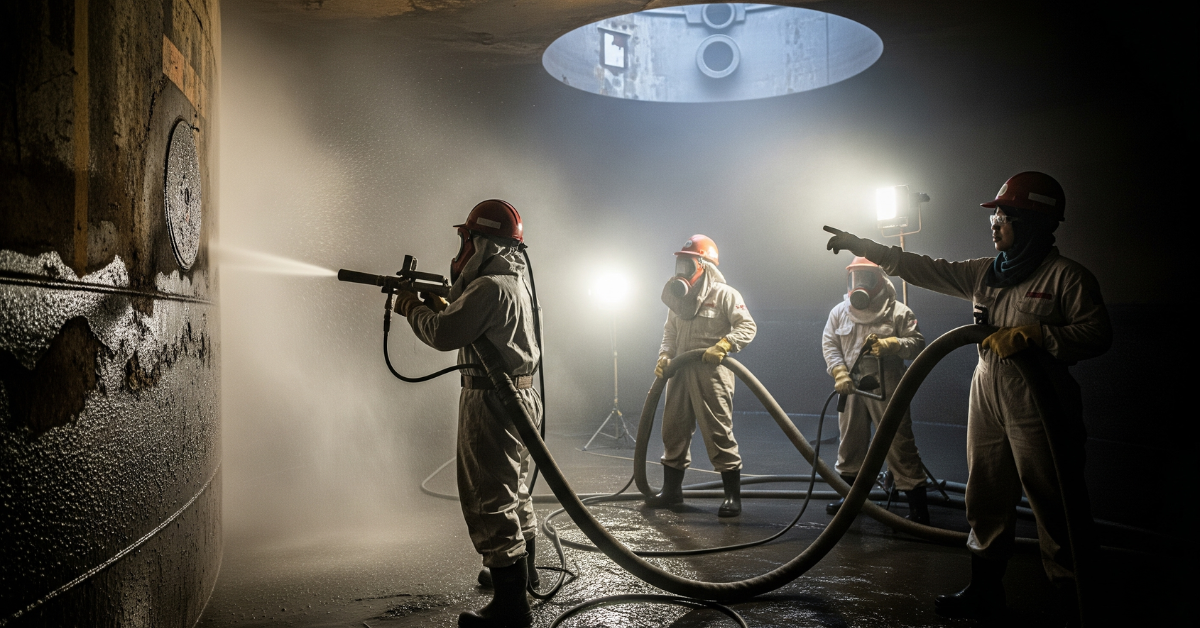 Tim spesialis wet blasting dari Gunung Putri sedang melakukan pembersihan internal sebuah tangki penyimpanan di fasilitas minyak dan gas di sekitar Jawa Barat.